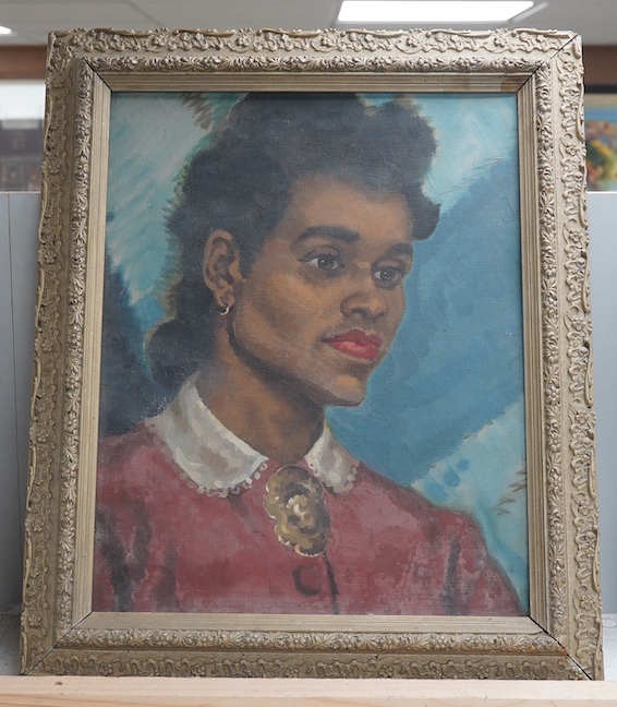 Modern British, oil on canvas, Portrait of a black woman, unsigned, 38 x 30cm, ornate gilt framed. Condition - fair, canvas sagging